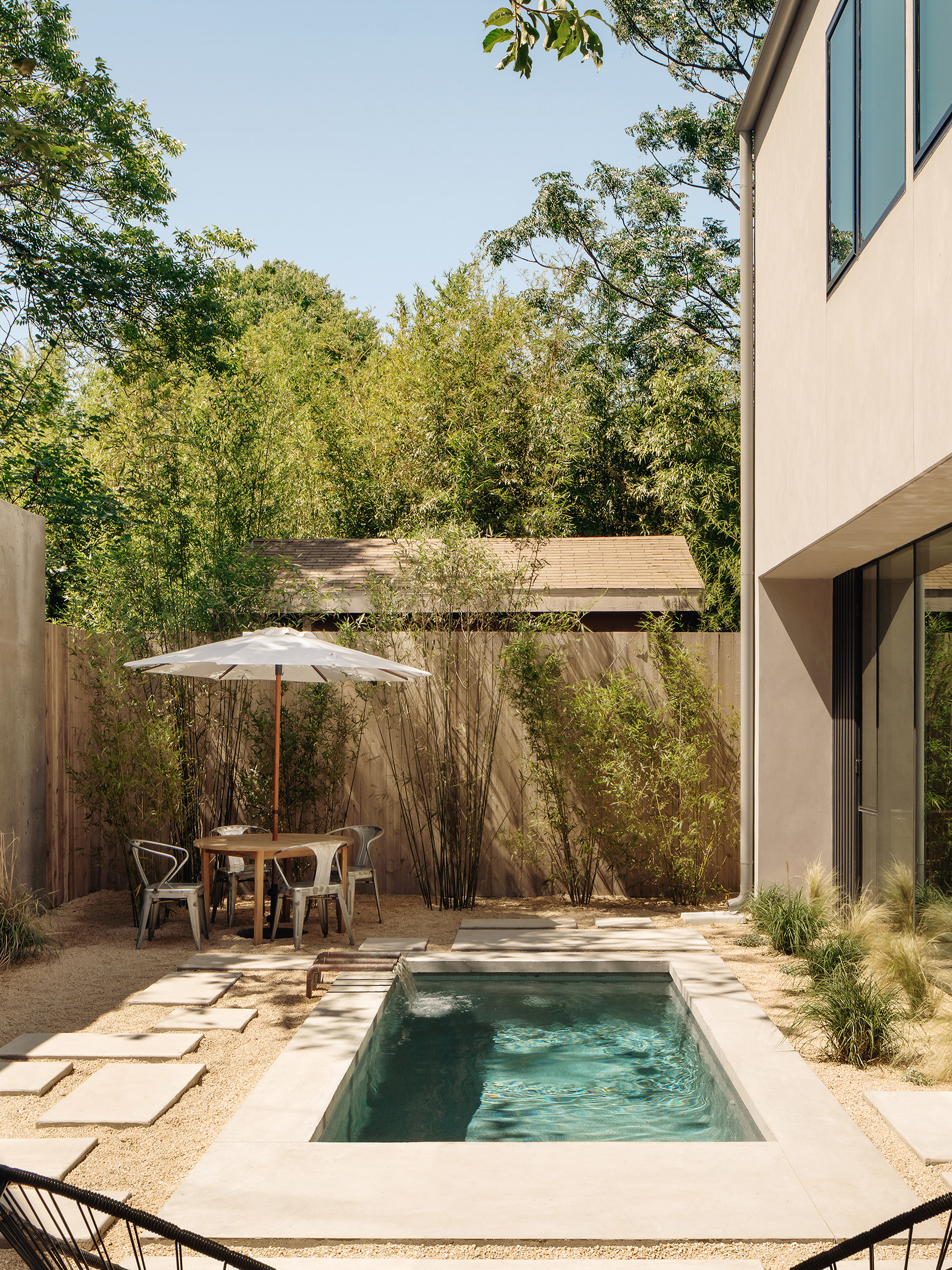 Rear courtyard with pool, bamboo, and concrete pavers
