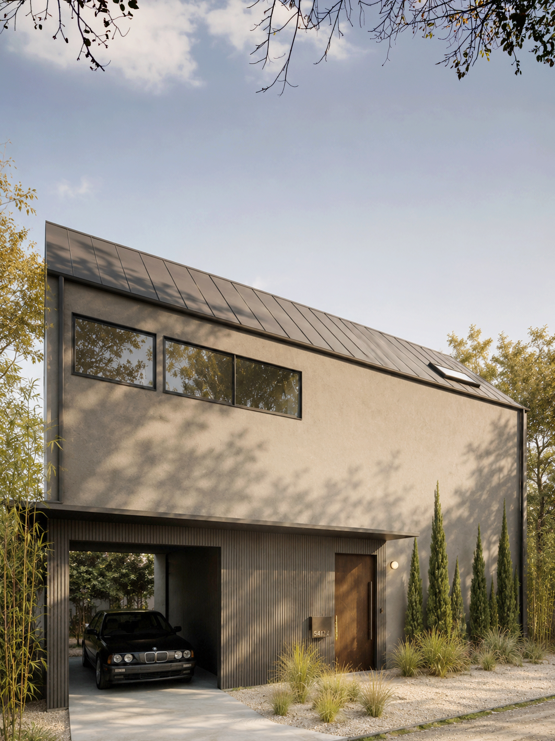 Side elevation, gabled black volume above concrete base