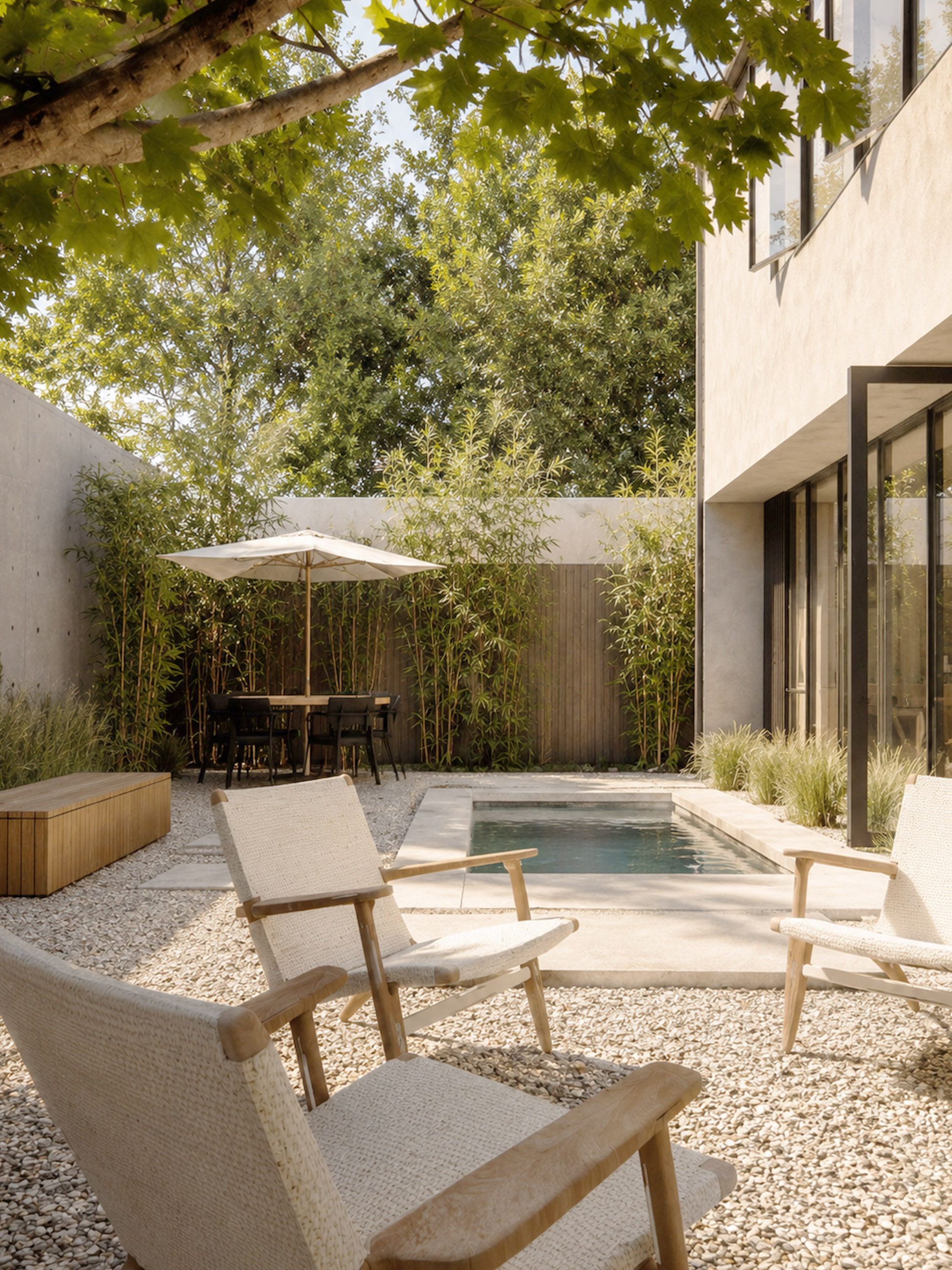 Rear courtyard with pool, bamboo, and concrete pavers
